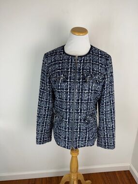 Lafayette 148 New York Blue Ink Multi Tweed Zip Blazer Jacket.